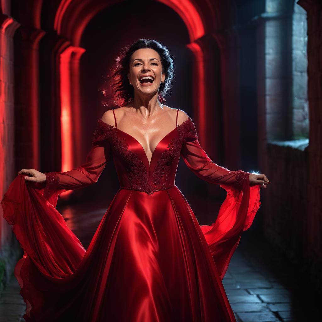 Elegant Woman in Red Gown Twirling in Archway