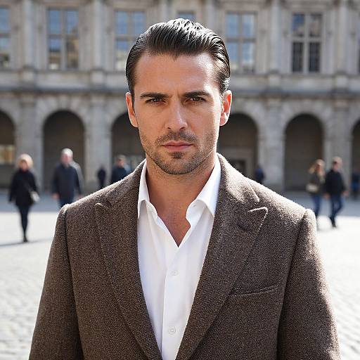 Stylish Man in Brown Tweed Blazer in Urban Historic Setting
