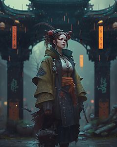 Woman in Fantasy Attire Under Lanterns