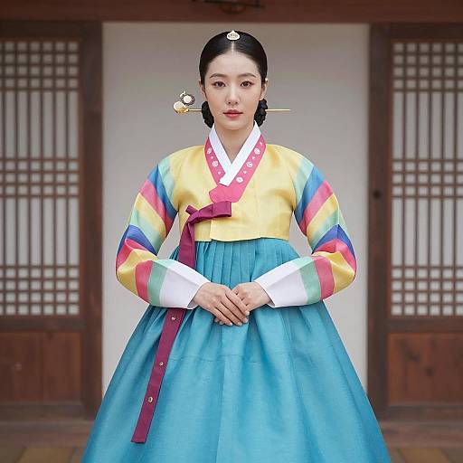 Woman in Traditional Korean Hanbok with Colorful Striped Sleeves