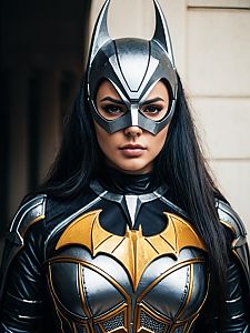 Realistic Woman Cosplay Wearing Metal Batwoman Costume