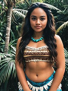 Woman in Moana-Inspired Tropical Costume with Turquoise Necklace