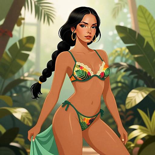 Digital Illustration of Woman in Tropical Bikini Amid Jungle Foliage