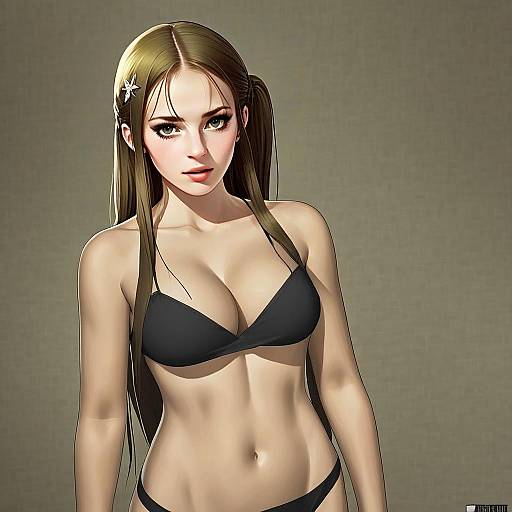 Anime Woman in Black Bikini Styled Digital Illustration