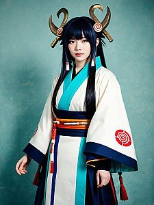Realistic Woman Cosplay Wearing Naraku Costume with Horned Headpieces
