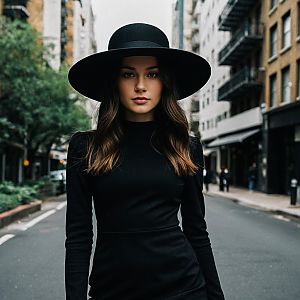 Stylish Woman in Black Dress on Urban Street