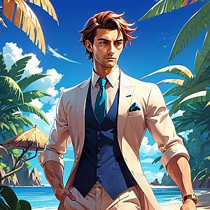 Confident Man in Cream Suit on Tropical Beach