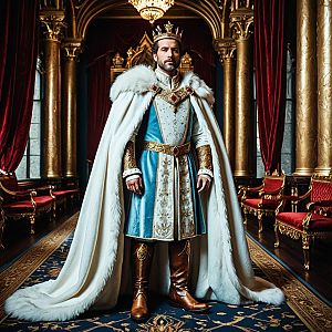 Regal Man Dressed as King in Ornate Throne Room with Crown and Cape