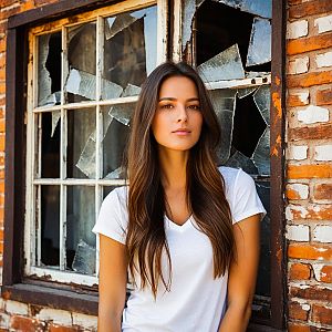 Young Woman Posing Against Rustic Brick Wall