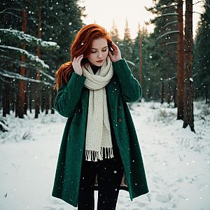 Young woman in snowy forest with red hair
