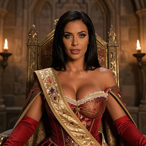 Medieval Royal Woman in Red Embroidered Gown on Throne