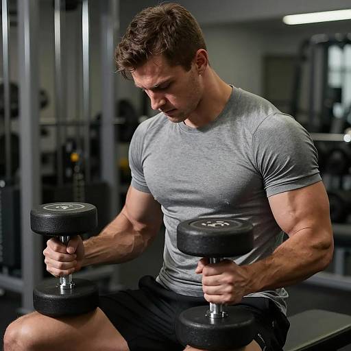 Focused Young Man Lifting Dumbbells in Gym Workout