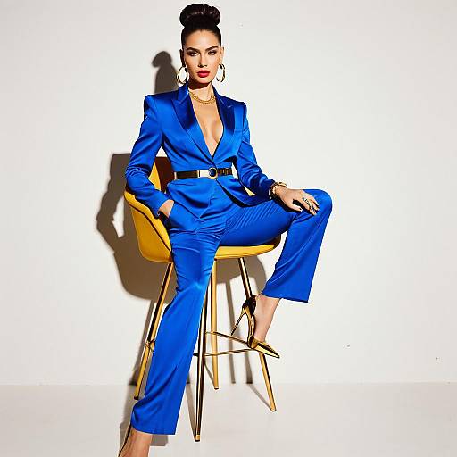 Confident Woman in Vibrant Blue Tailored Pantsuit Sitting on Yellow Chair