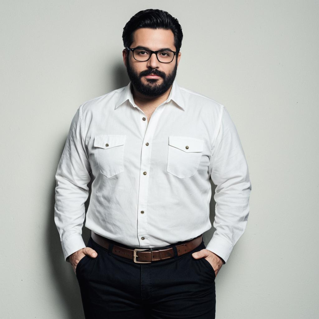 Confident Plus Size Adult Man in White Shirt and Glasses Confident Plus Size Adult Man in White Shirt and Glasses