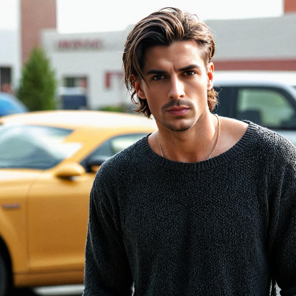 Man in grey sweater with yellow car