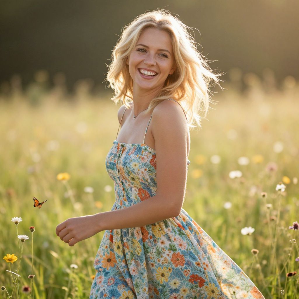 Blonde Woman in Floral Dress Enjoying Sunny Day in Wildflower Meadow