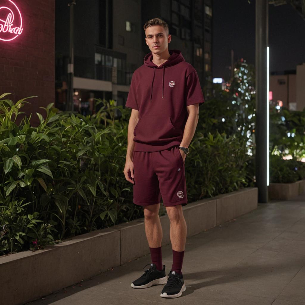 Man in Maroon Hoodie and Shorts in Urban Night Setting