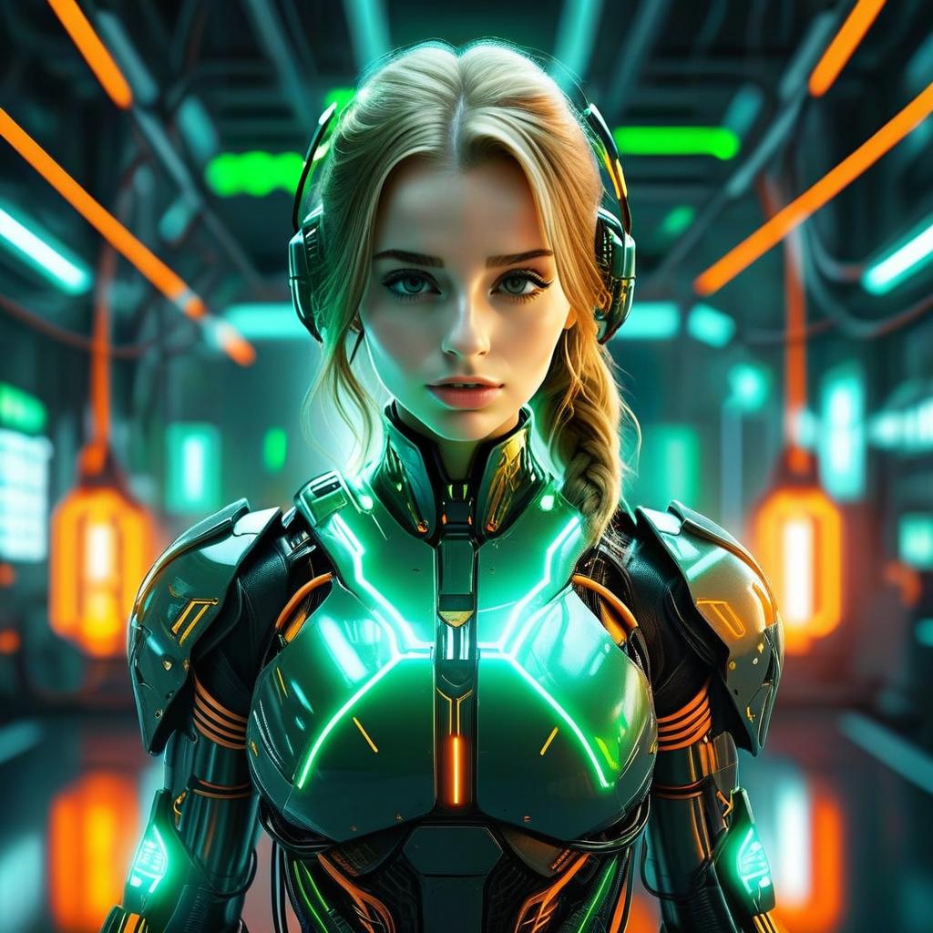 Futuristic Woman in Neon Cyberpunk Armor with Glowing Green Lights