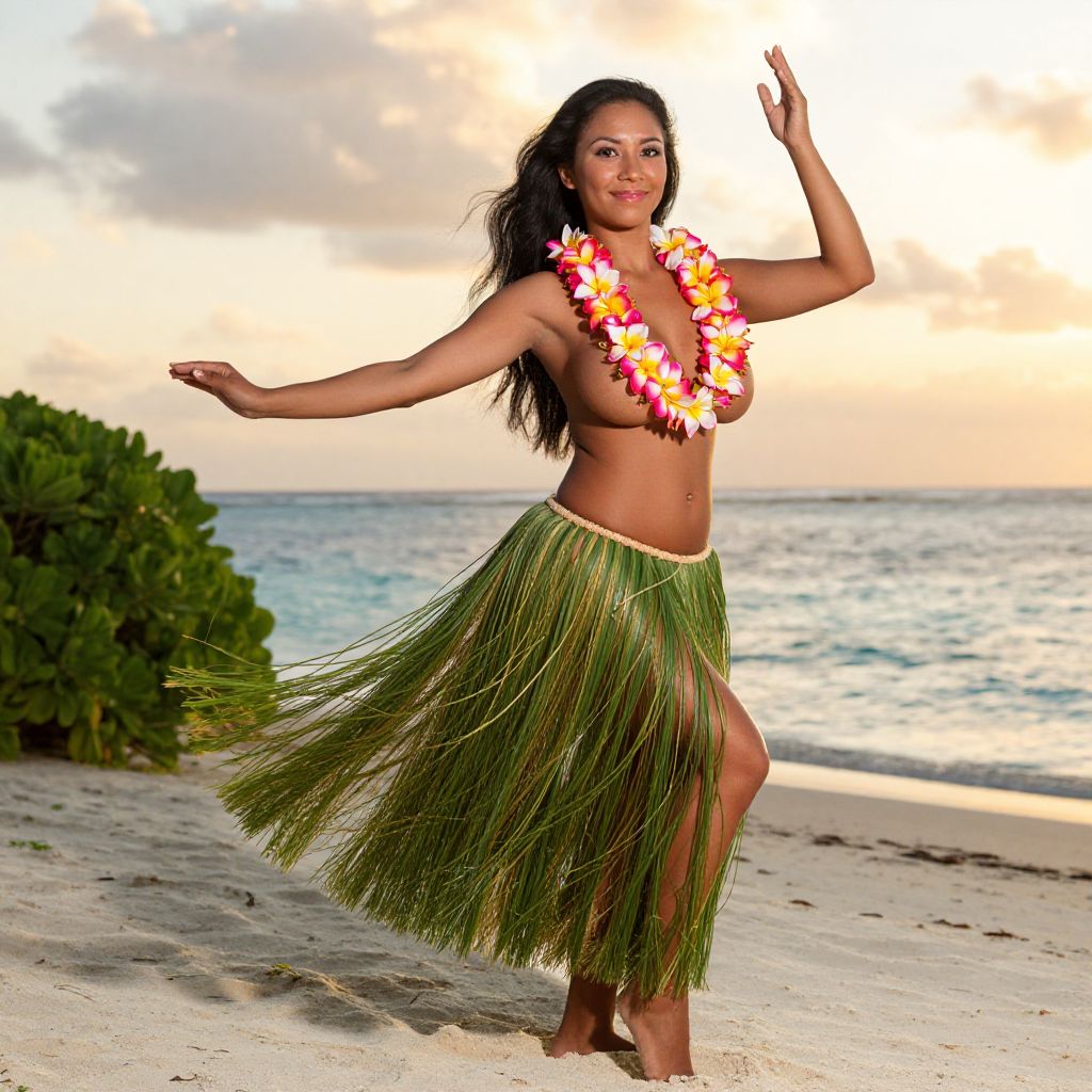 Topless Hawaiian Hula Dancer on Beach at Sunset Wearing Grass Skirt and Flower Lei