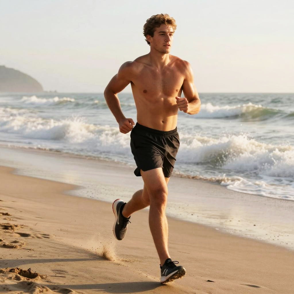 Shirtless Young Man Running on Beach at Sunrise