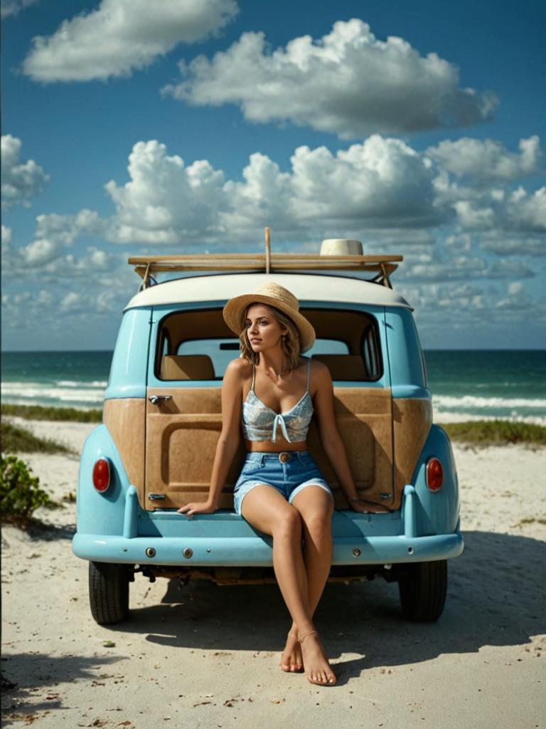 Woman on Vintage Blue Car at Sunny Beach