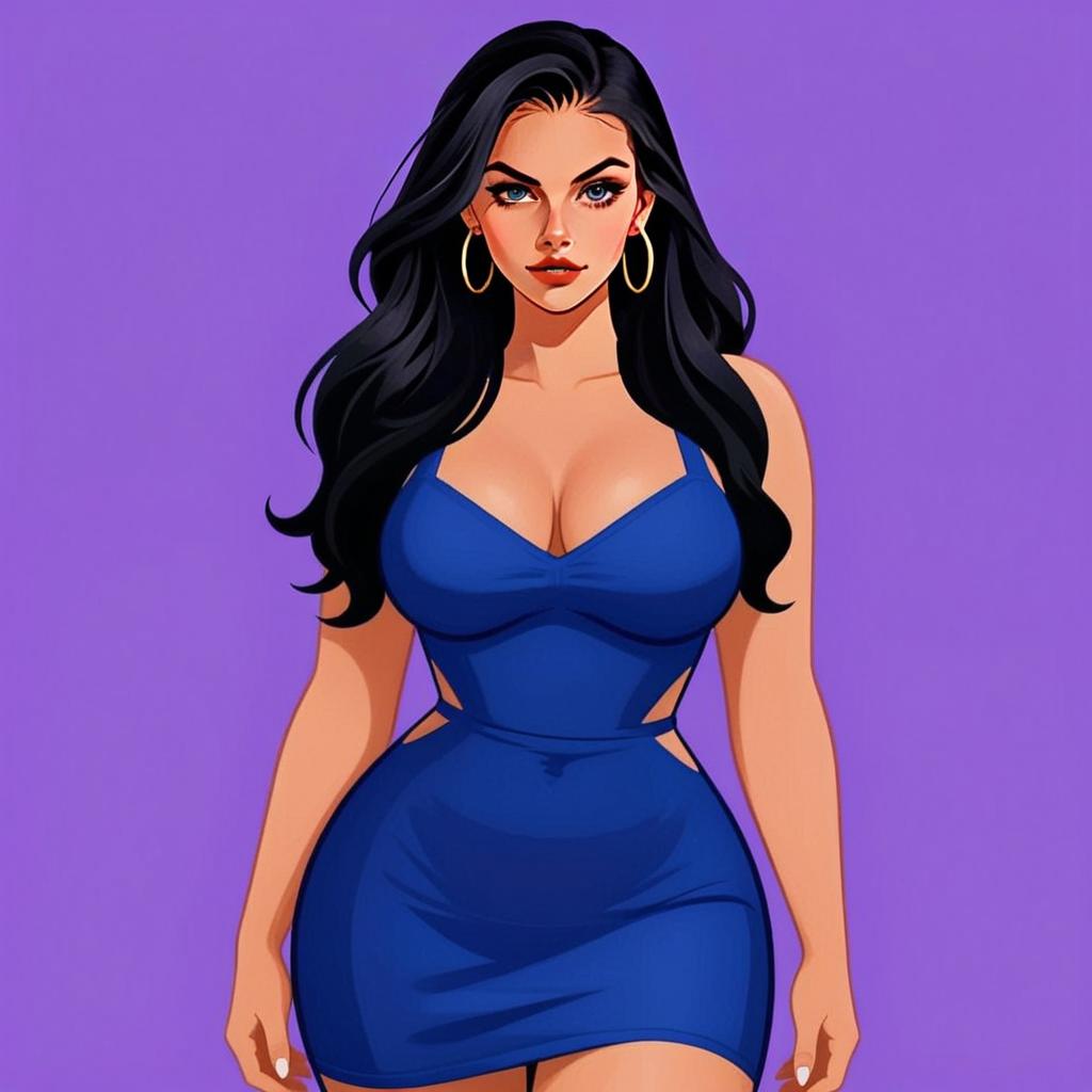 Confident Woman in Blue Dress Digital Illustration on Purple Background