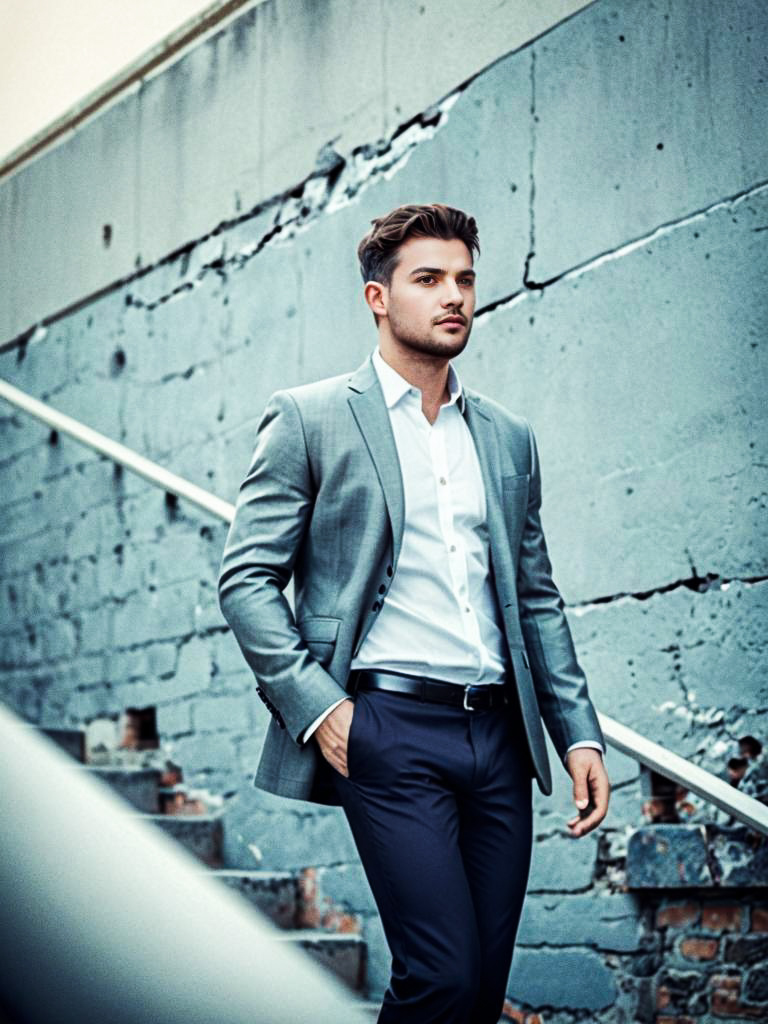 Stylish young man in grey blazer on staircase