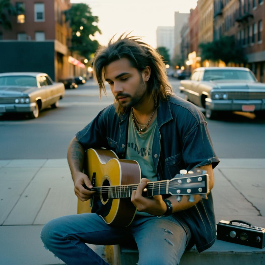 Young Man Playing Guitar in Sunset Cityscape