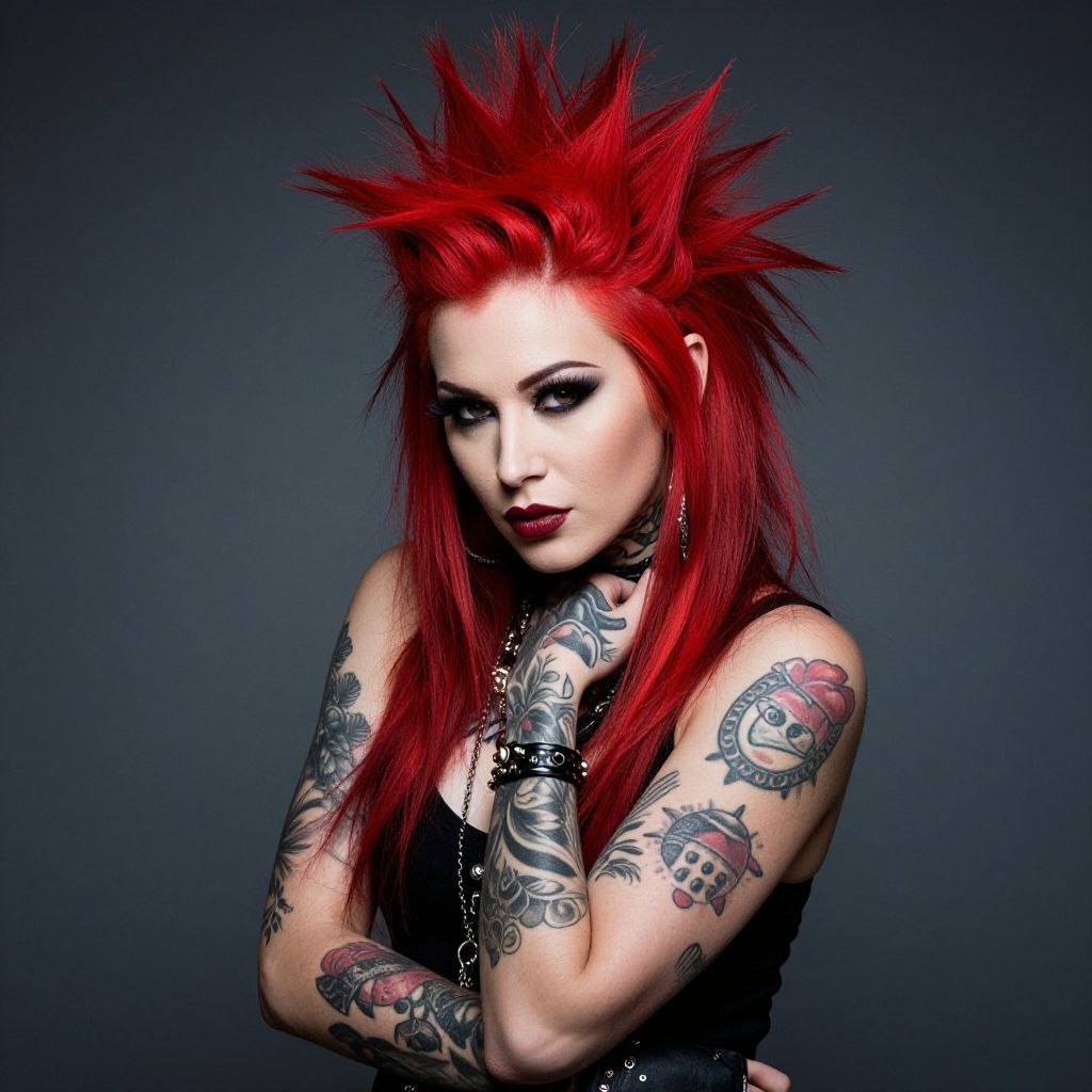 Punk Rock Woman with Red Spiked Hair and Tattoos