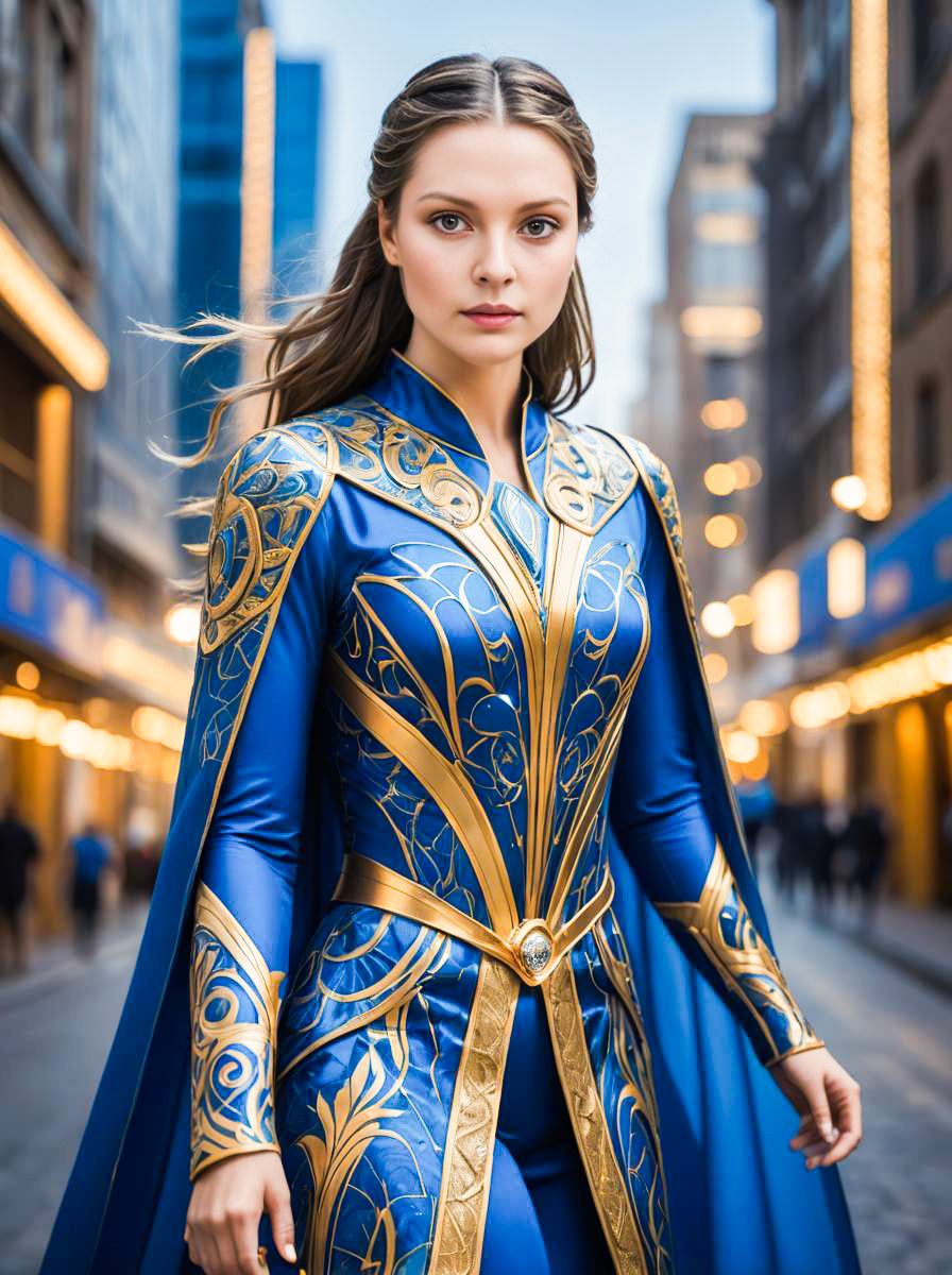 Regal Woman in Blue and Gold Costume