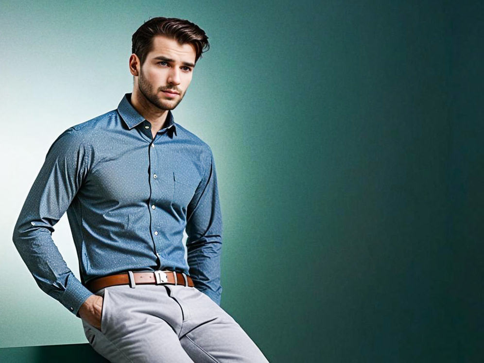 Stylish Young Man in Blue Shirt and Beige Trousers