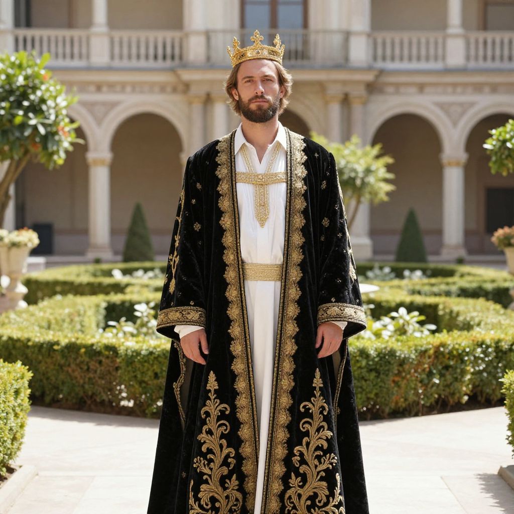 Regal Man in Ornate Gold-Embroidered Black Robe and Crown