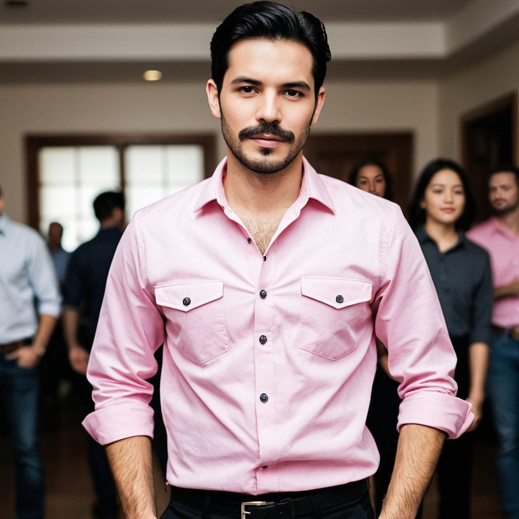 Confident Man in Pink Shirt with Casual Group