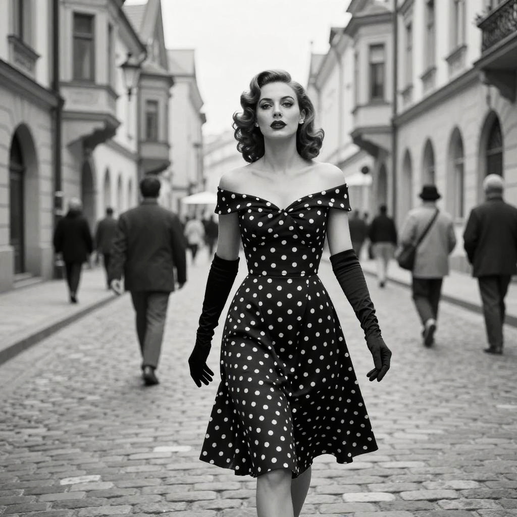 Vintage Style Woman in Polka Dot Dress Walking on Cobblestone Street