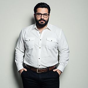 Confident Plus Size Adult Man in White Shirt and Glasses