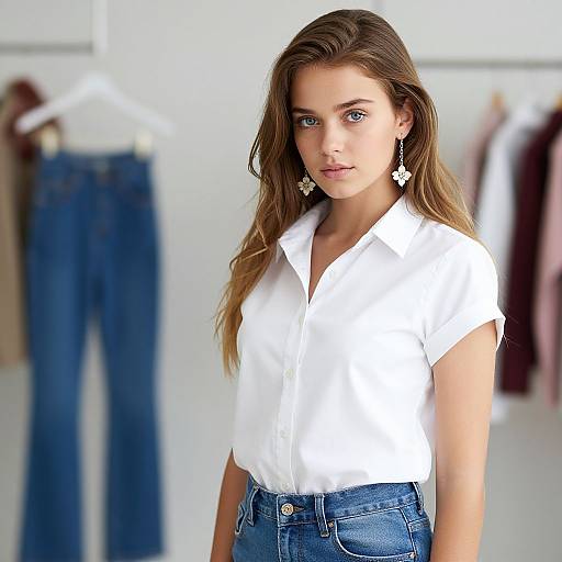 Young Woman in White Shirt and Blue Jeans Fashion Portrait