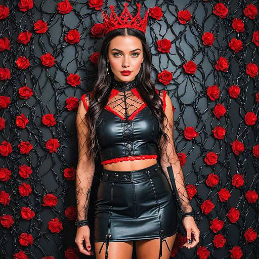 Woman in Black Leather Outfit with Red Crown and Rose Backdrop