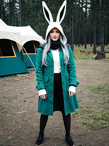 Woman in Rabbit Ear Hood and Teal Coat at Forest Camp