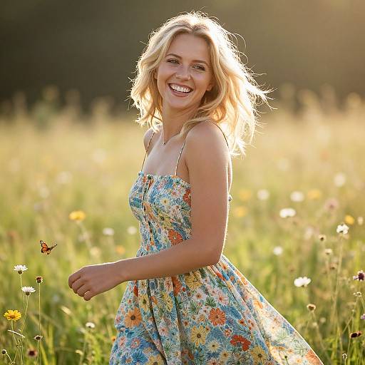 Blonde Woman in Floral Dress Enjoying Sunny Day in Wildflower Meadow