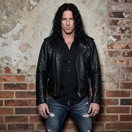 Man in Studded Leather Jacket and Distressed Jeans Standing Against Brick Wall