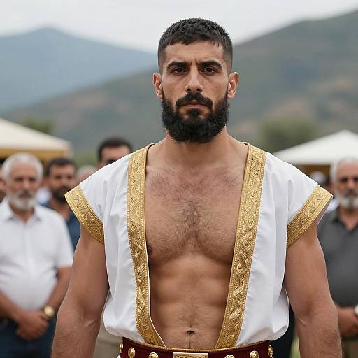Muscular Bearded Man in Traditional Gold-Trimmed Garment Outdoors