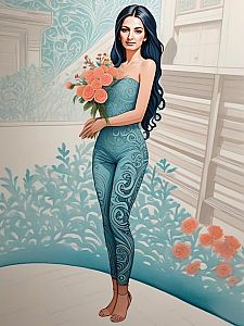 Woman in Teal Jumpsuit with Peach Roses