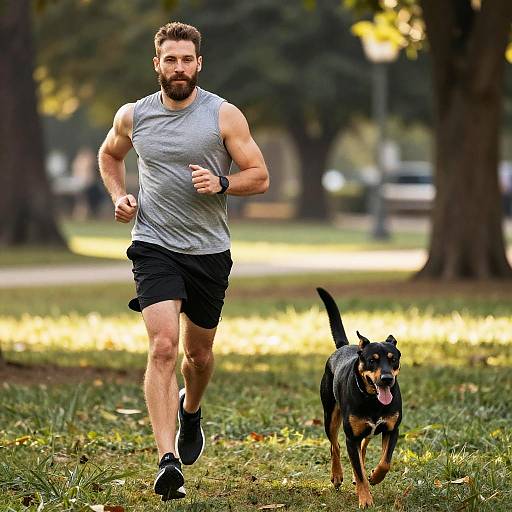 Man Running with Dog in Park Outdoor Fitness Activity