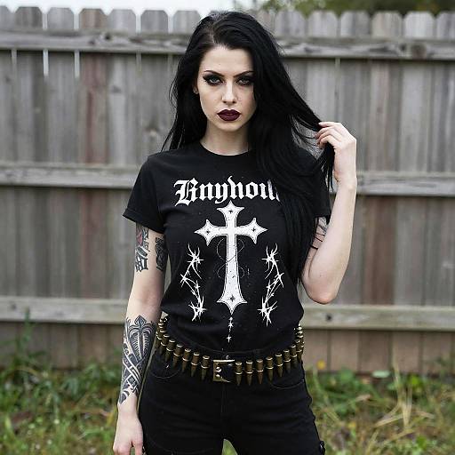 Gothic Woman Wearing Cross Graphic Tee and Bullet Belt Outdoors