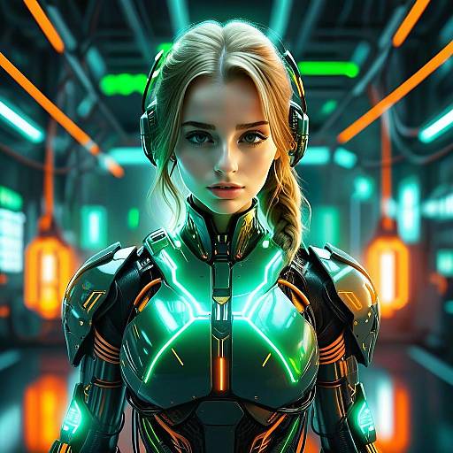 Futuristic Woman in Neon Cyberpunk Armor with Glowing Green Lights