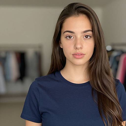 Close-Up Portrait of Young Woman in Navy Blue T-Shirt