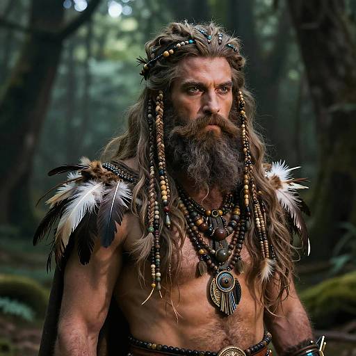 Tribal Warrior Man with Beaded Braids and Feathers in Forest