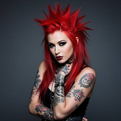Punk Rock Woman with Red Spiked Hair and Tattoos