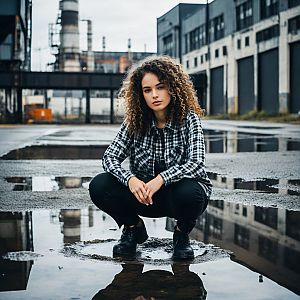 Young Woman Squatting on Wet Pavement in Urban Setting