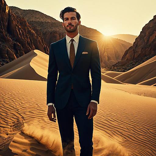 Man in Dark Suit Standing in Desert at Sunset with Sand Dunes